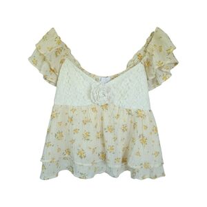 Love & Piece Crochet Babydoll Top Yellow Floral Ruffle Cottagecore Boho Festival